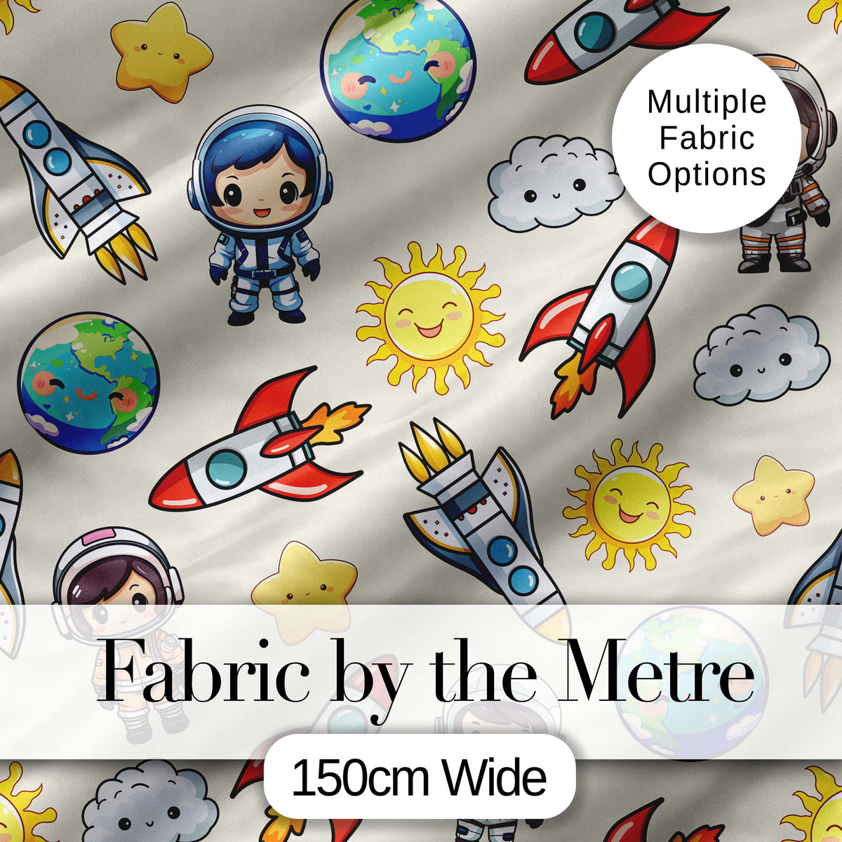 Cute Kids Space Rockets Astronaut Seamless Pattern Fun Galaxy Design Digital Print Fabric by the Metre UK Sewing Quilting Textile