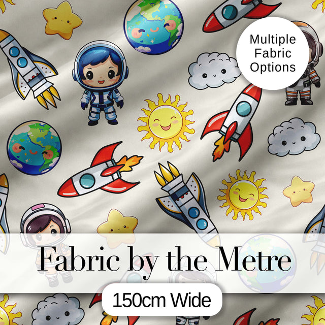 Cute Kids Space Rockets Astronaut Seamless Pattern Fun Galaxy Design Digital Print Fabric by the Metre UK Sewing Quilting Textile