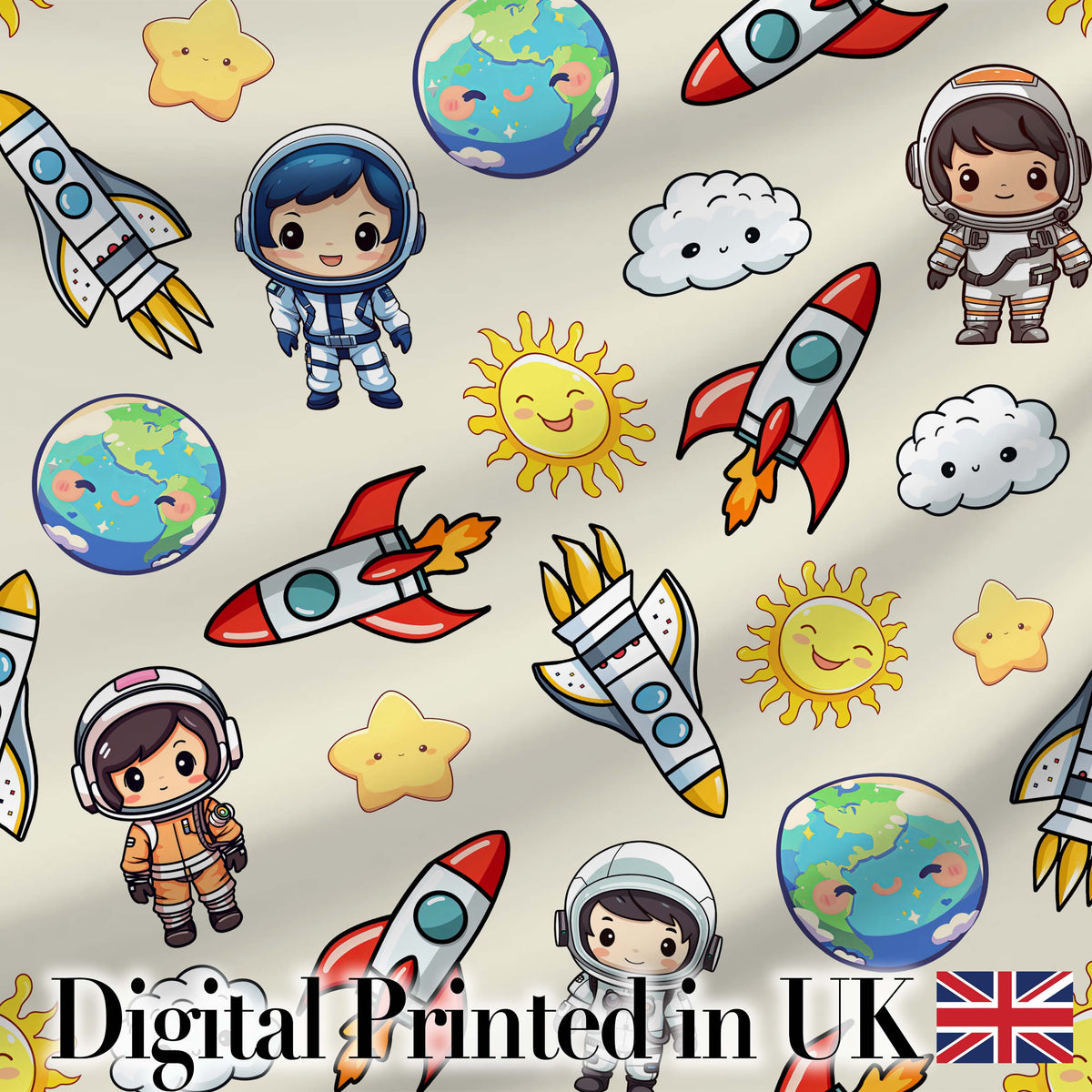 Cute Kids Space Rockets Astronaut Seamless Pattern Fun Galaxy Design Digital Print Fabric by the Metre UK Sewing Quilting Textile