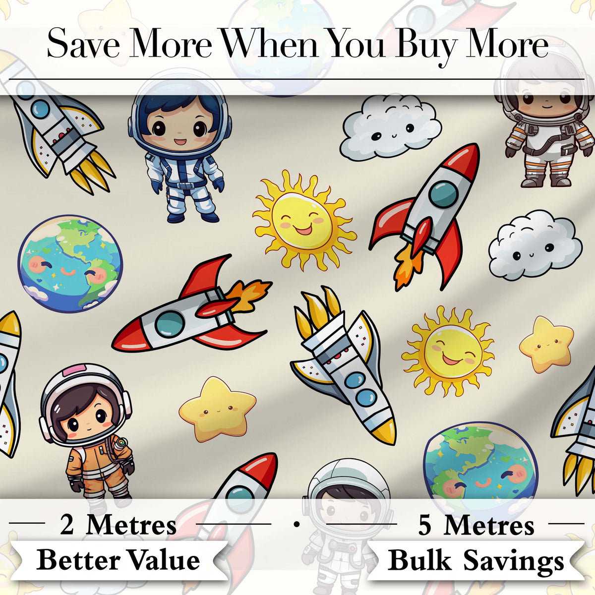 Cute Kids Space Rockets Astronaut Seamless Pattern Fun Galaxy Design Digital Print Fabric by the Metre UK Sewing Quilting Textile