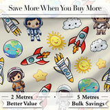 Cute Kids Space Rockets Astronaut Seamless Pattern Fun Galaxy Design Digital Print Fabric by the Metre UK Sewing Quilting Textile
