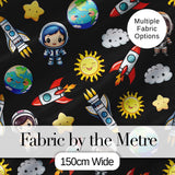Cute Kids Space Rockets Astronaut Seamless Pattern Black Galaxy Design Digital Print Fabric by the Metre UK Sewing Quilting Textile
