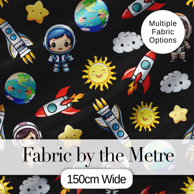 Cute Kids Space Rockets Astronaut Seamless Pattern Black Galaxy Design Digital Print Fabric by the Metre UK Sewing Quilting Textile