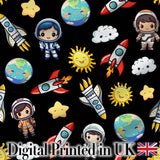 Cute Kids Space Rockets Astronaut Seamless Pattern Black Galaxy Design Digital Print Fabric by the Metre UK Sewing Quilting Textile