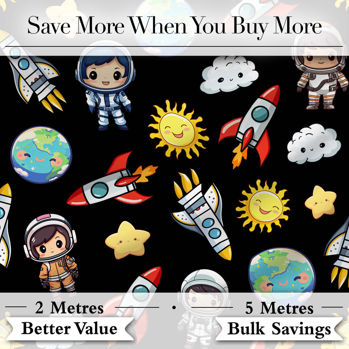 Cute Kids Space Rockets Astronaut Seamless Pattern Black Galaxy Design Digital Print Fabric by the Metre UK Sewing Quilting Textile