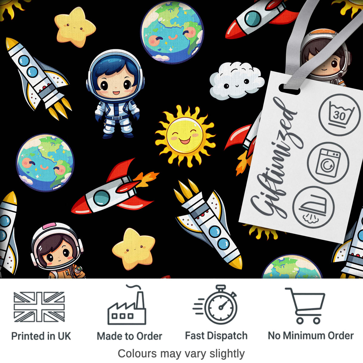 Cute Kids Space Rockets Astronaut Seamless Pattern Black Galaxy Design Digital Print Fabric by the Metre UK Sewing Quilting Textile