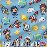 Kids Space Rockets Astronaut Seamless Pattern Blue Sky Background Fun Design Digital Print Fabric by the Metre UK Sewing Quilting Textile