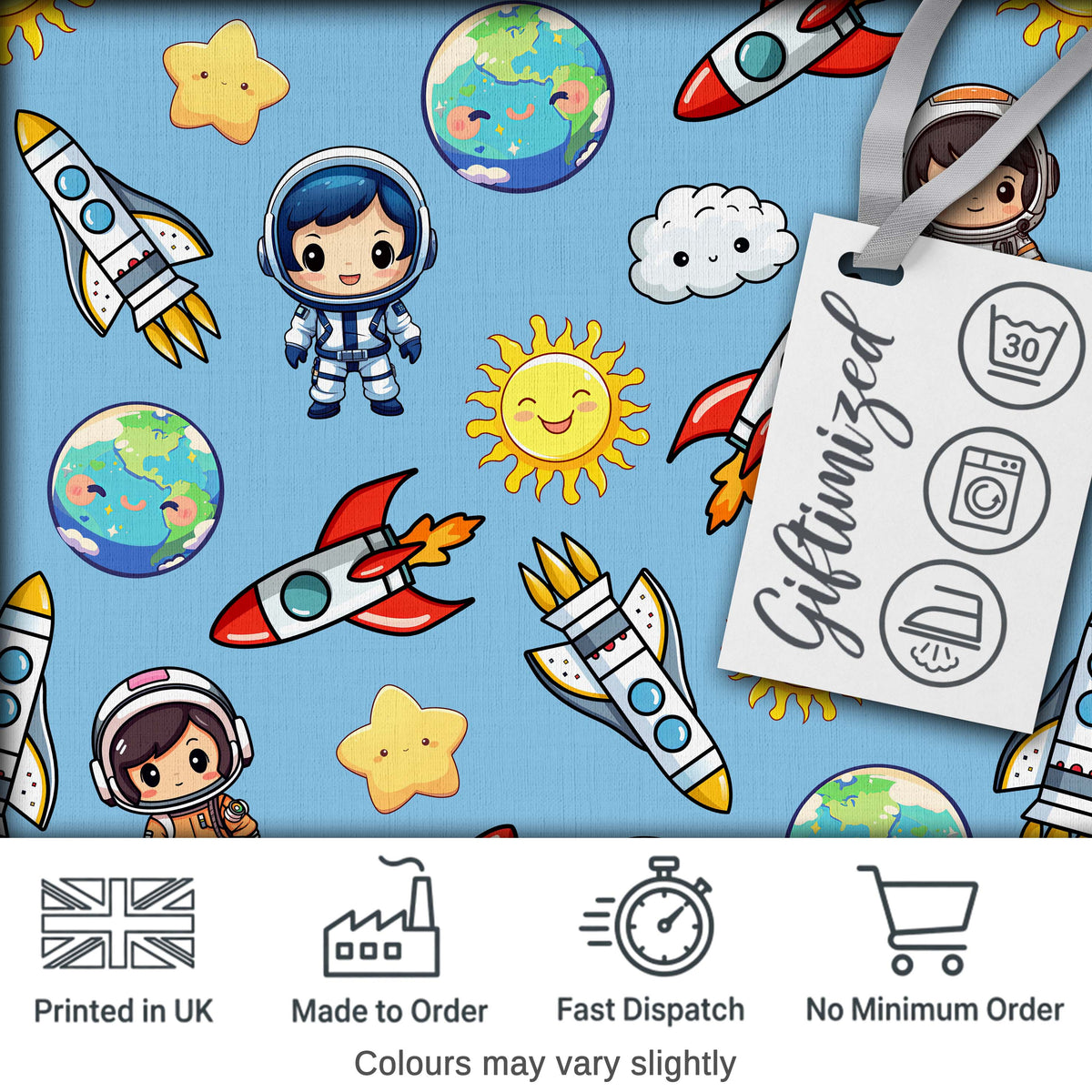 Kids Space Rockets Astronaut Seamless Pattern Blue Sky Background Fun Design Digital Print Fabric by the Metre UK Sewing Quilting Textile