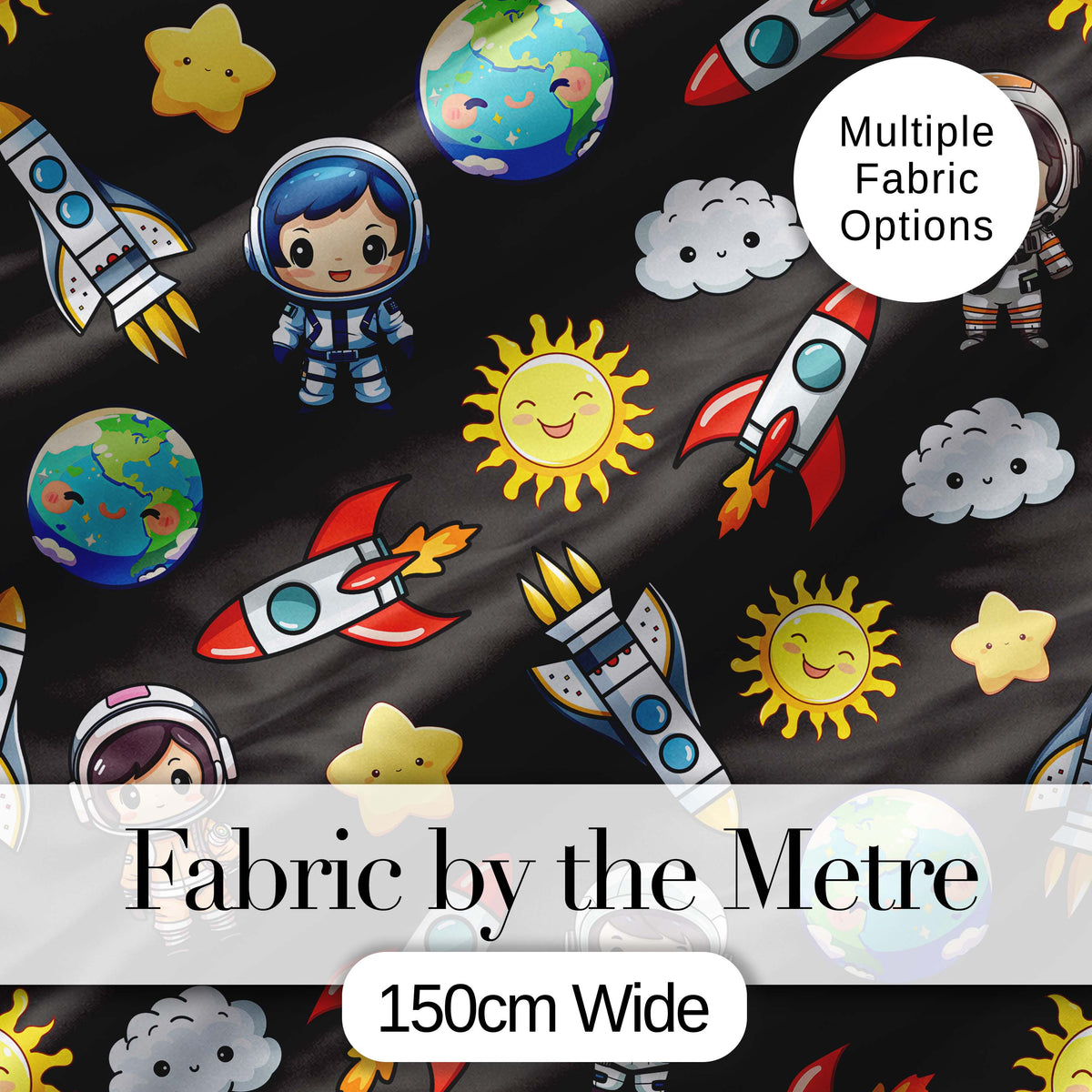 Kids Space Rockets Astronaut Seamless Pattern Dark Grey Background Fun Design Digital Print Fabric by the Metre UK Sewing Quilting Textile