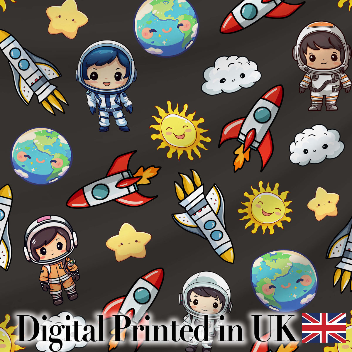 Kids Space Rockets Astronaut Seamless Pattern Dark Grey Background Fun Design Digital Print Fabric by the Metre UK Sewing Quilting Textile