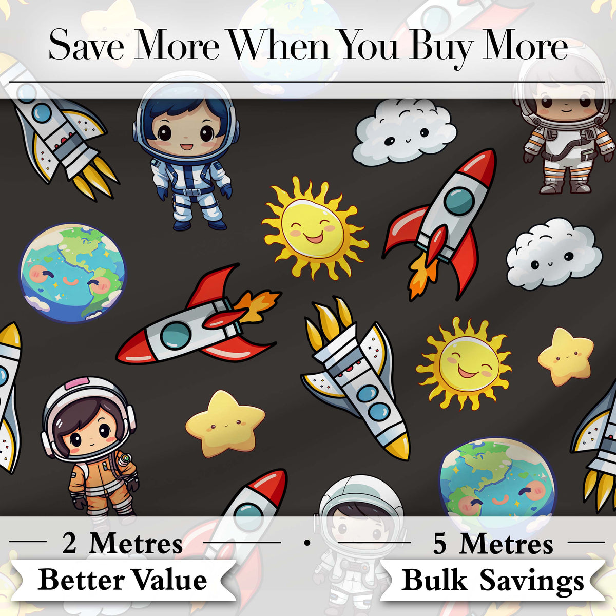Kids Space Rockets Astronaut Seamless Pattern Dark Grey Background Fun Design Digital Print Fabric by the Metre UK Sewing Quilting Textile