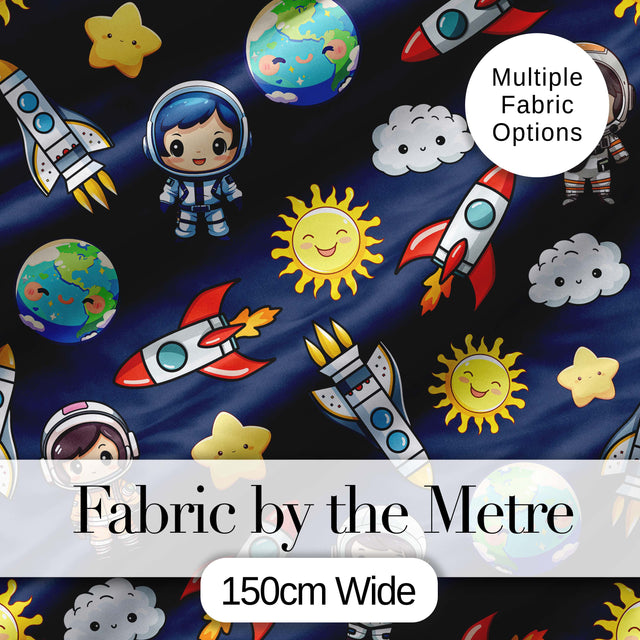 Kids Space Rockets Astronaut Seamless Pattern Navy Blue Background Fun Design Digital Print Fabric by the Metre UK Sewing Quilting Textile