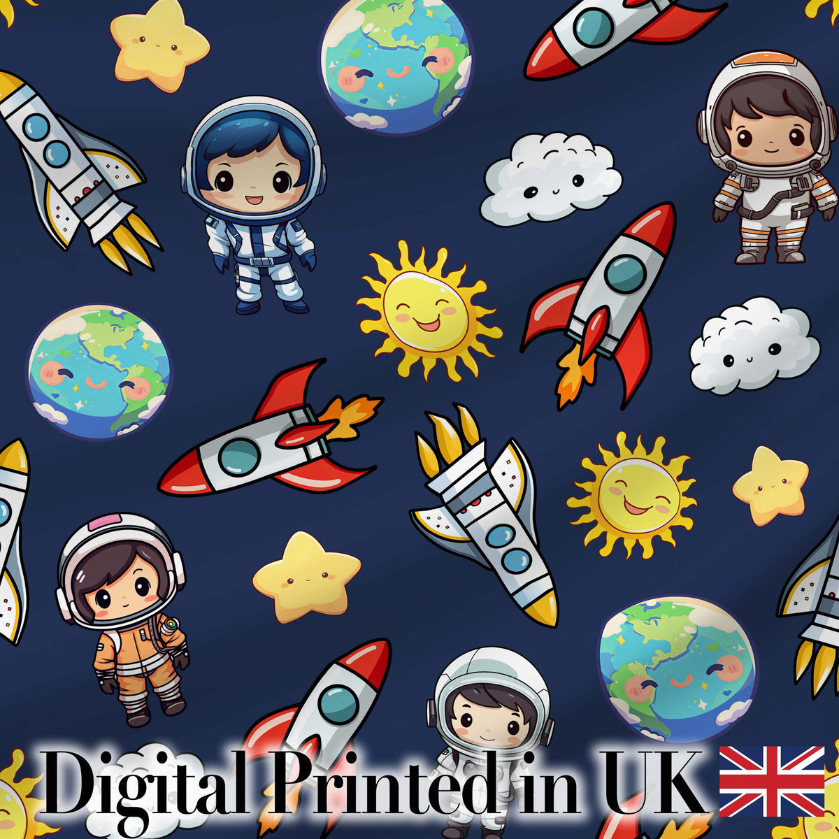 Kids Space Rockets Astronaut Seamless Pattern Navy Blue Background Fun Design Digital Print Fabric by the Metre UK Sewing Quilting Textile