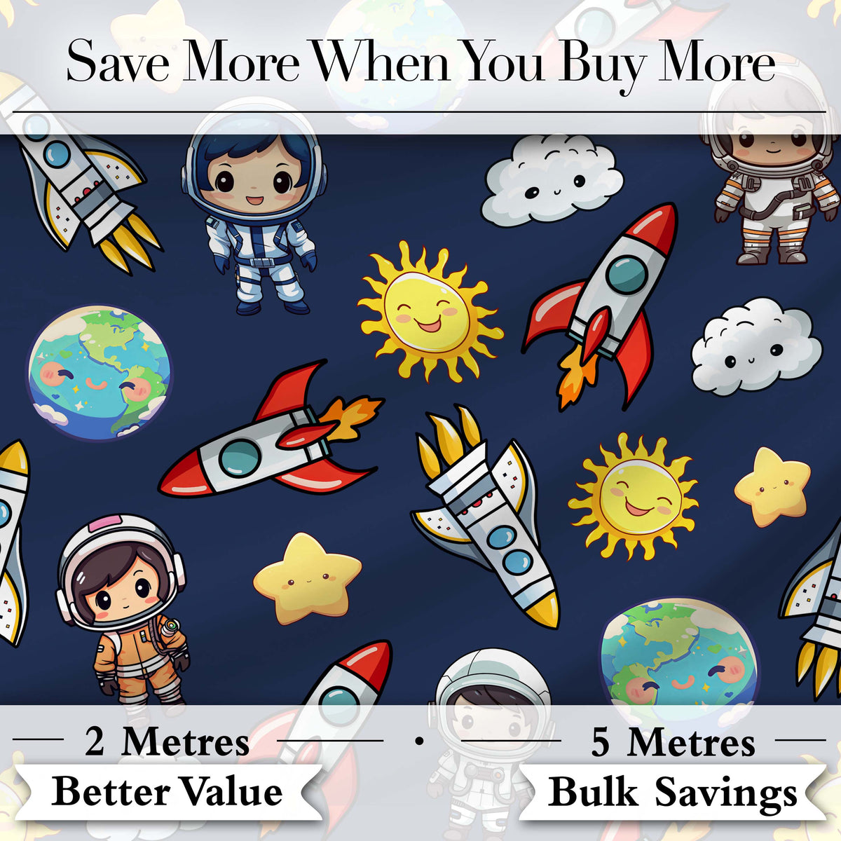 Kids Space Rockets Astronaut Seamless Pattern Navy Blue Background Fun Design Digital Print Fabric by the Metre UK Sewing Quilting Textile