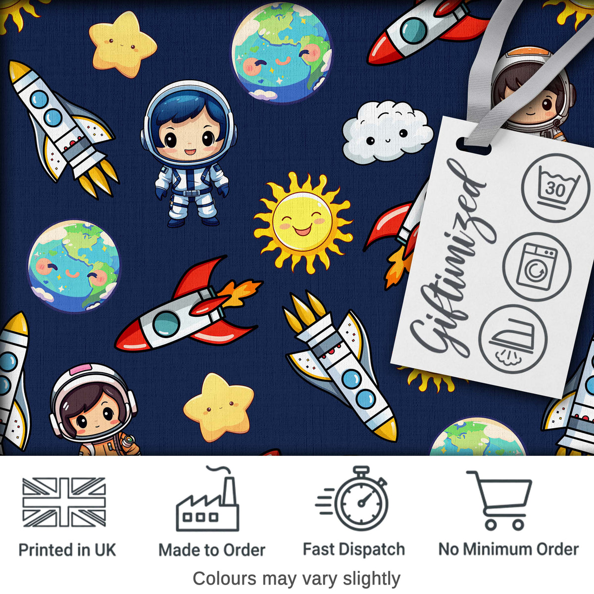 Kids Space Rockets Astronaut Seamless Pattern Navy Blue Background Fun Design Digital Print Fabric by the Metre UK Sewing Quilting Textile