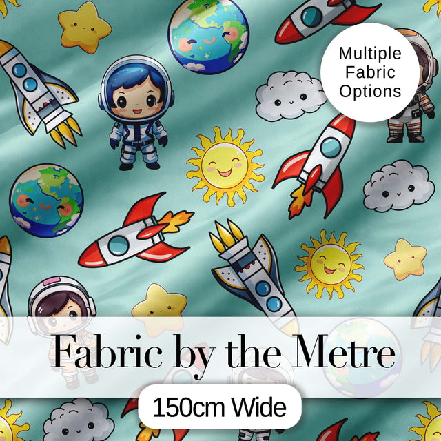 Kids Space Rockets Astronaut Seamless Pattern Mint Green Background Fun Design Digital Print Fabric by the Metre UK Sewing Quilting Textile