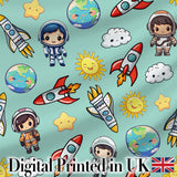 Kids Space Rockets Astronaut Seamless Pattern Mint Green Background Fun Design Digital Print Fabric by the Metre UK Sewing Quilting Textile
