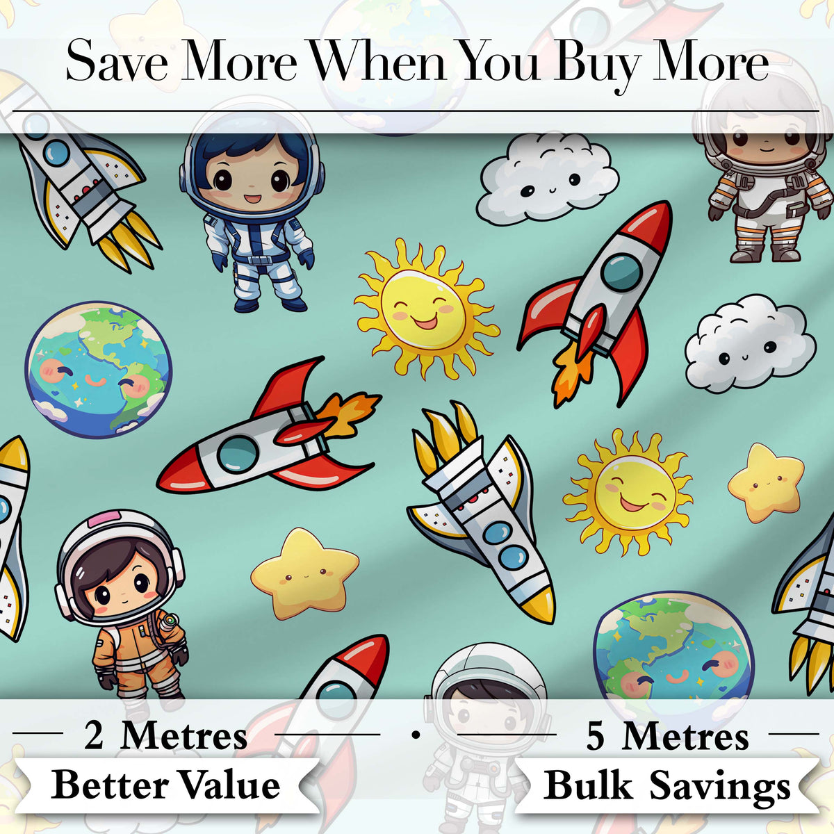 Kids Space Rockets Astronaut Seamless Pattern Mint Green Background Fun Design Digital Print Fabric by the Metre UK Sewing Quilting Textile