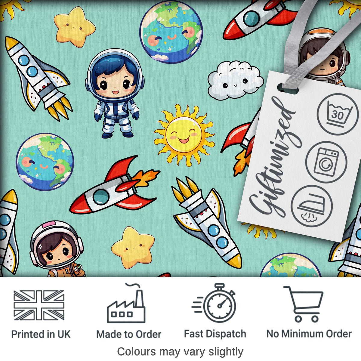 Kids Space Rockets Astronaut Seamless Pattern Mint Green Background Fun Design Digital Print Fabric by the Metre UK Sewing Quilting Textile