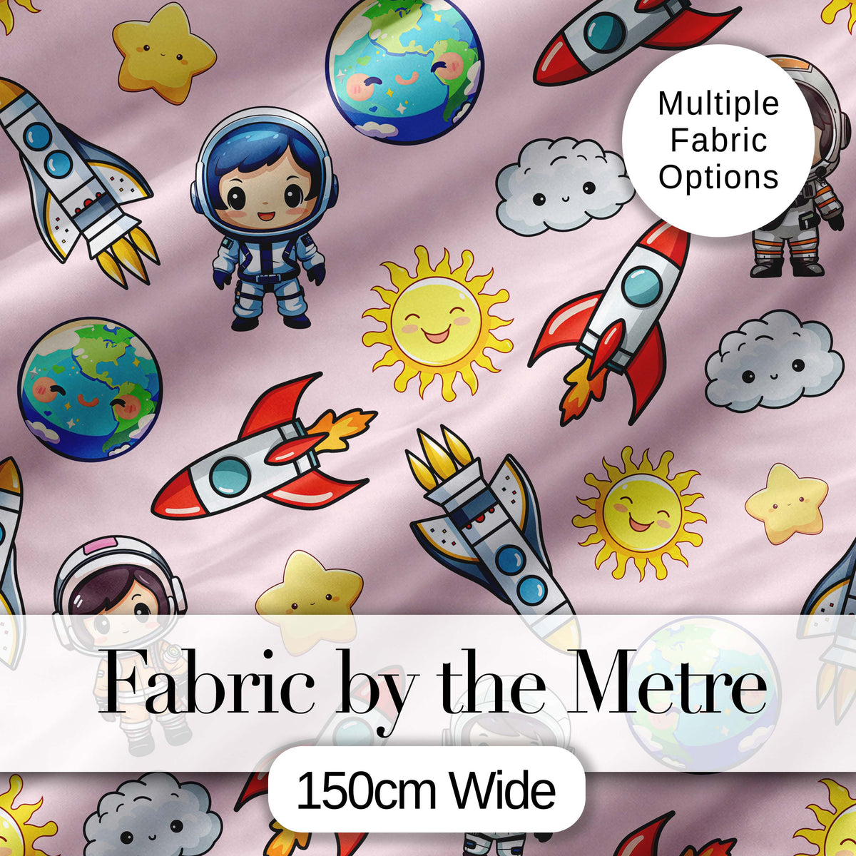 Kids Space Rockets Astronaut Seamless Pattern Soft Pink Background Fun Design Digital Print Fabric by the Metre UK Sewing Quilting Textile