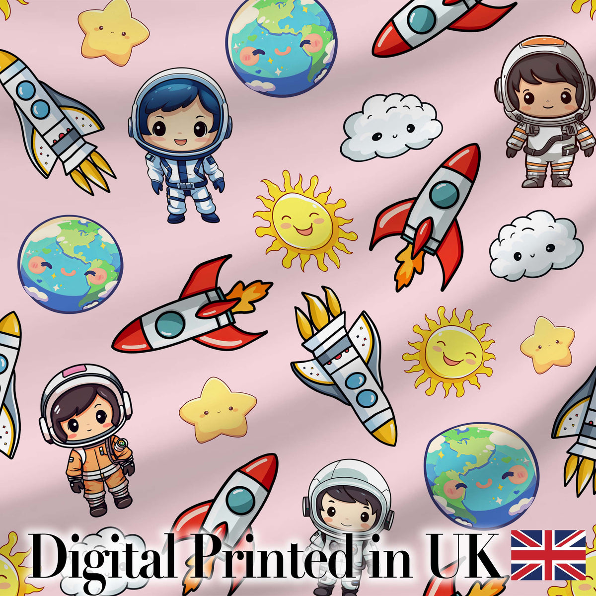 Kids Space Rockets Astronaut Seamless Pattern Soft Pink Background Fun Design Digital Print Fabric by the Metre UK Sewing Quilting Textile