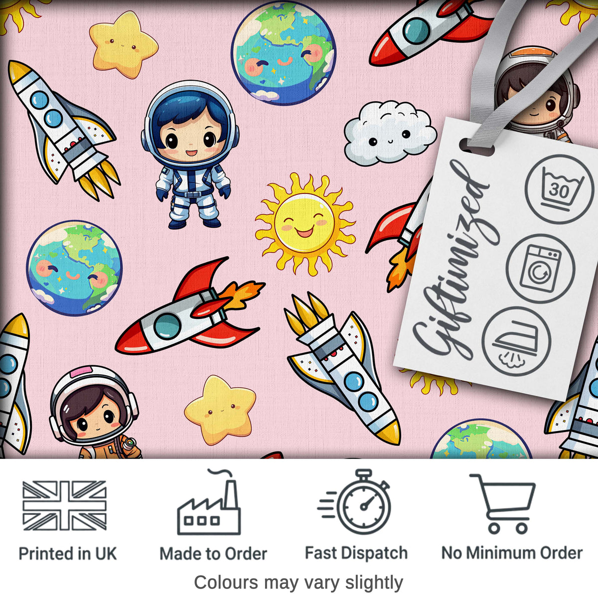Kids Space Rockets Astronaut Seamless Pattern Soft Pink Background Fun Design Digital Print Fabric by the Metre UK Sewing Quilting Textile