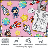 Kids Space Rockets Astronaut Seamless Pattern Rose Pink Background Fun Design Digital Print Fabric by the Metre UK Sewing Quilting Textile