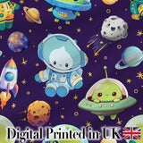 Space Astronaut Alien UFO Seamless  Purple Background Fun Kids Design Digital Print Fabric by the Metre UK Sewing Quilting Textile