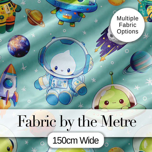 Space Astronaut Alien UFO Seamless  Mint Green Background Fun Kids Design Digital Print Fabric by the Metre UK Sewing Quilting Textile