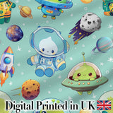 Space Astronaut Alien UFO Seamless  Mint Green Background Fun Kids Design Digital Print Fabric by the Metre UK Sewing Quilting Textile
