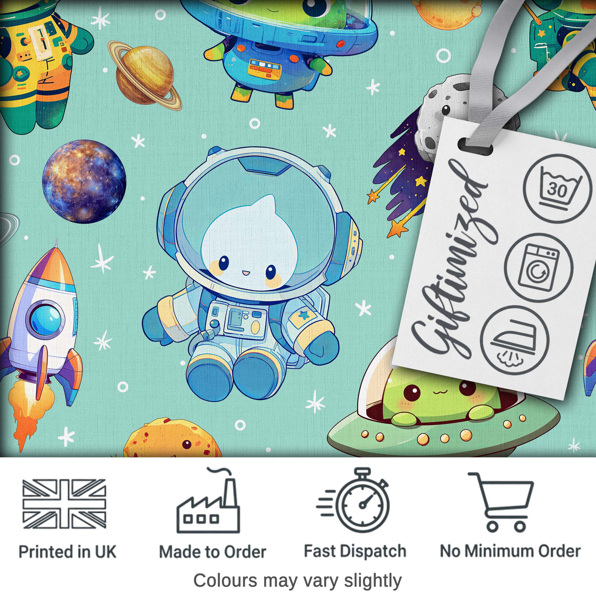 Space Astronaut Alien UFO Seamless  Mint Green Background Fun Kids Design Digital Print Fabric by the Metre UK Sewing Quilting Textile
