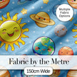Solar System Sun Earth Planets Seamless  Blue Background Cute Kids Design Digital Print Fabric by the Metre UK Sewing Quilting Textile