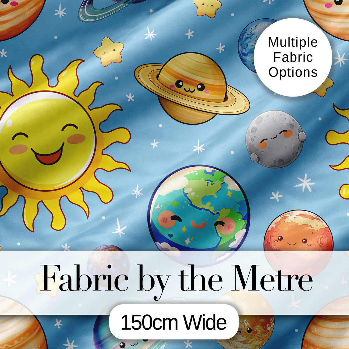 Solar System Sun Earth Planets Seamless  Blue Background Cute Kids Design Digital Print Fabric by the Metre UK Sewing Quilting Textile