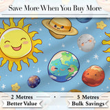 Solar System Sun Earth Planets Seamless  Blue Background Cute Kids Design Digital Print Fabric by the Metre UK Sewing Quilting Textile