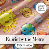 Solar System Sun Earth Planets Seamless  Peach Background Cute Kids Design Digital Print Fabric by the Metre UK Sewing Quilting Textile