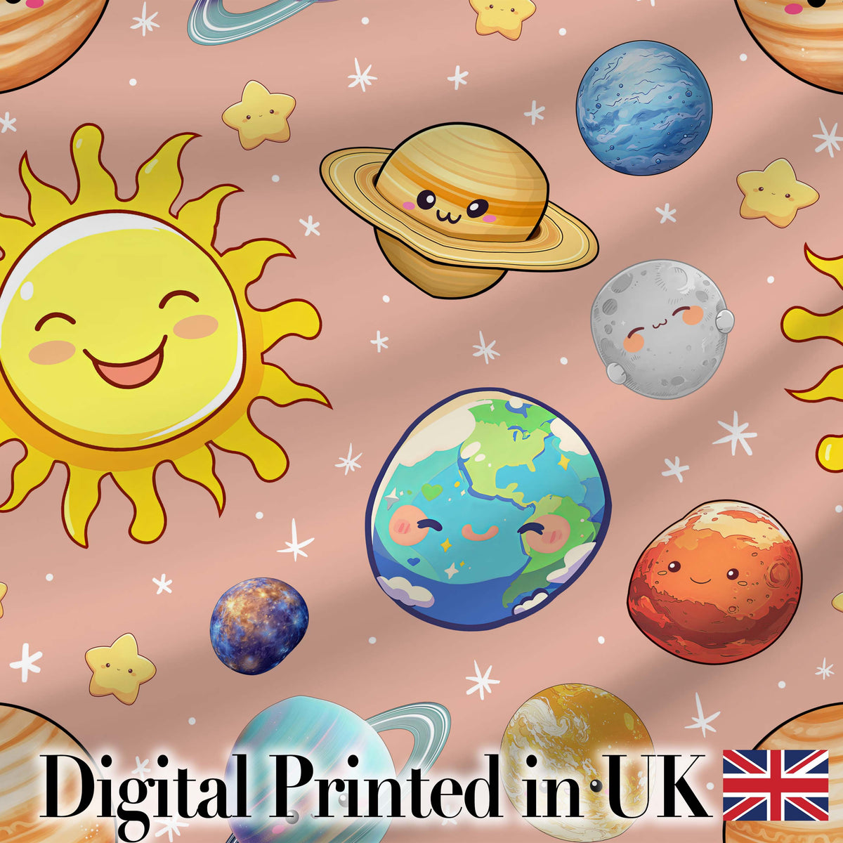 Solar System Sun Earth Planets Seamless  Peach Background Cute Kids Design Digital Print Fabric by the Metre UK Sewing Quilting Textile