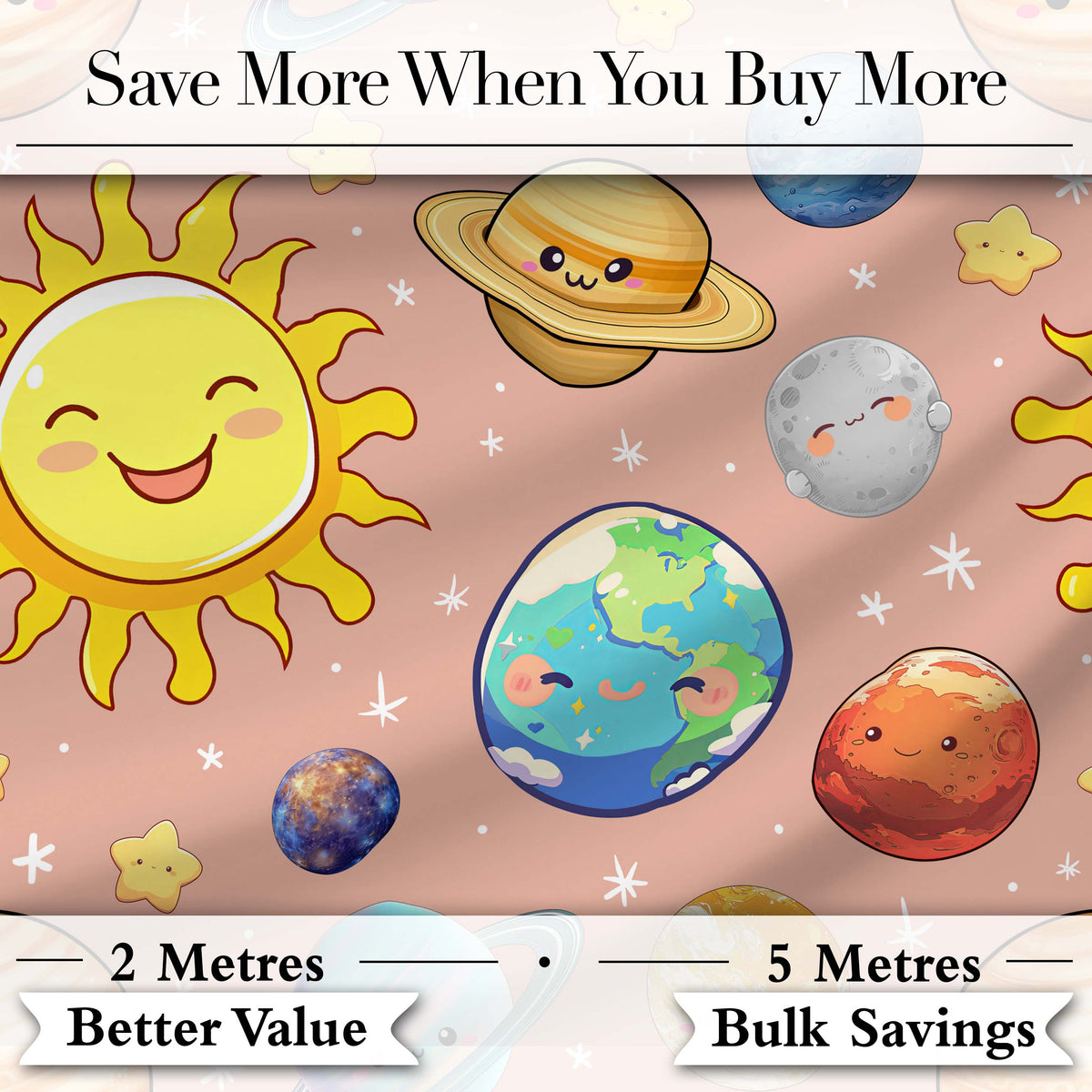Solar System Sun Earth Planets Seamless  Peach Background Cute Kids Design Digital Print Fabric by the Metre UK Sewing Quilting Textile