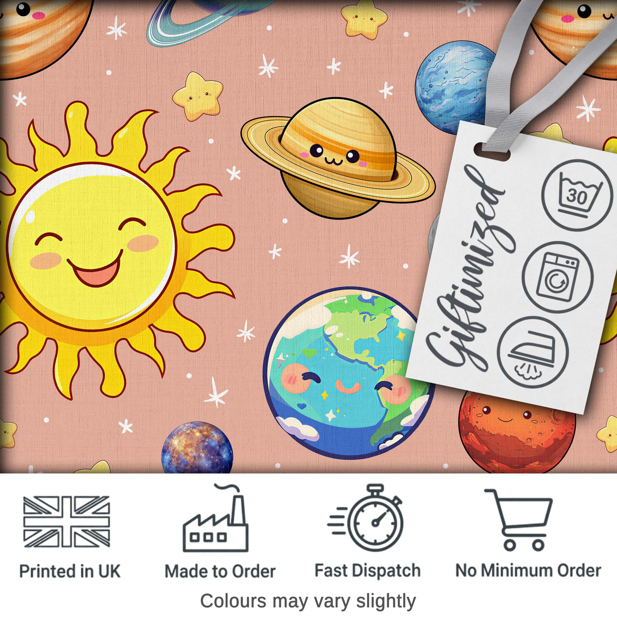 Solar System Sun Earth Planets Seamless  Peach Background Cute Kids Design Digital Print Fabric by the Metre UK Sewing Quilting Textile
