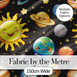 Solar System Sun Earth Planets Seamless  Dark Grey Background Cute Kids Design Digital Print Fabric by the Metre UK Sewing Quilting Textile