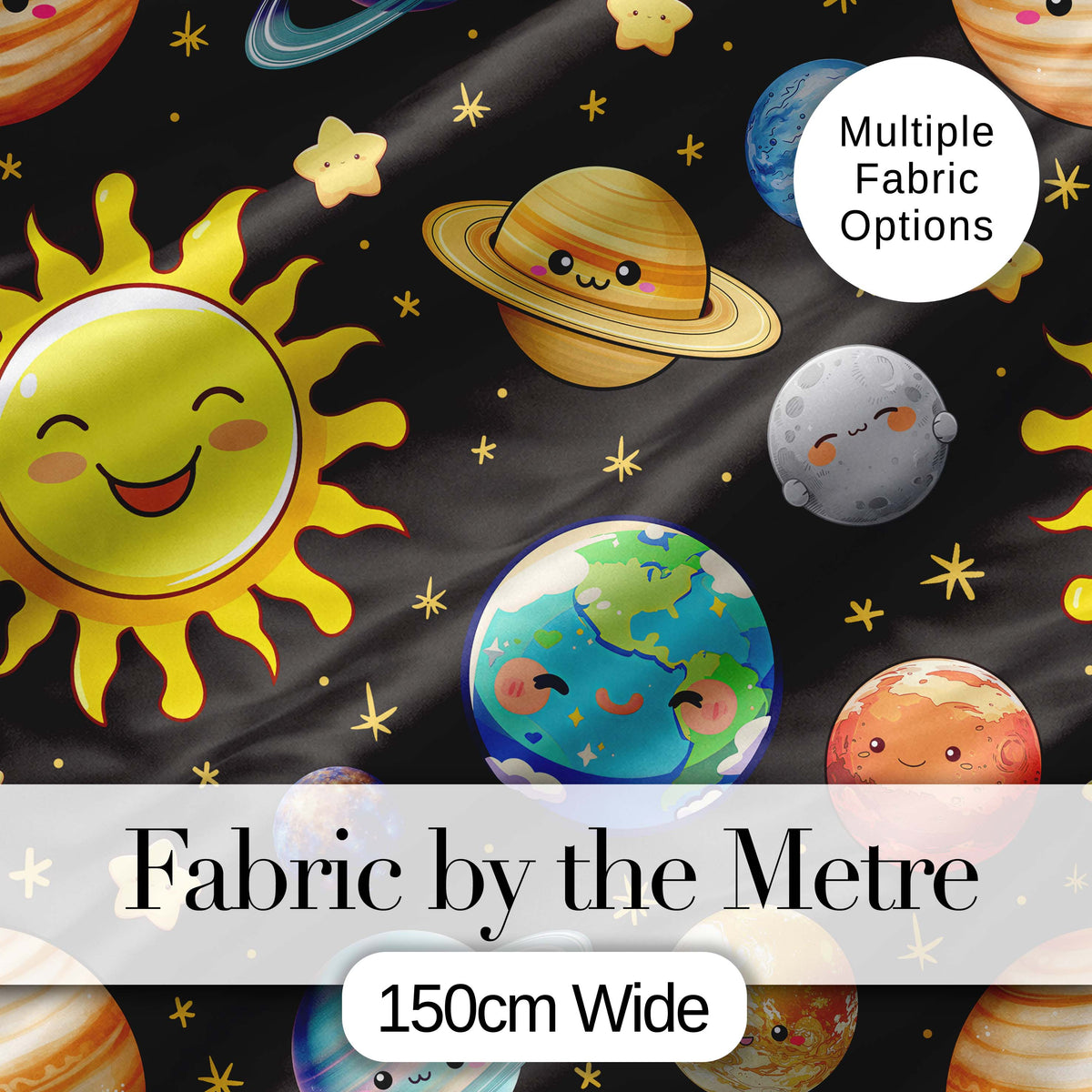 Solar System Sun Earth Planets Seamless  Dark Grey Background Cute Kids Design Digital Print Fabric by the Metre UK Sewing Quilting Textile
