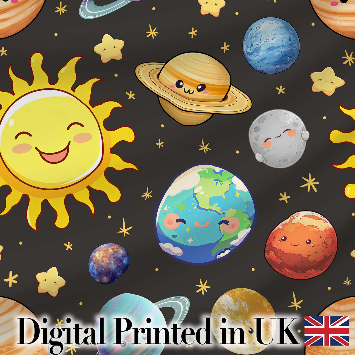 Solar System Sun Earth Planets Seamless  Dark Grey Background Cute Kids Design Digital Print Fabric by the Metre UK Sewing Quilting Textile
