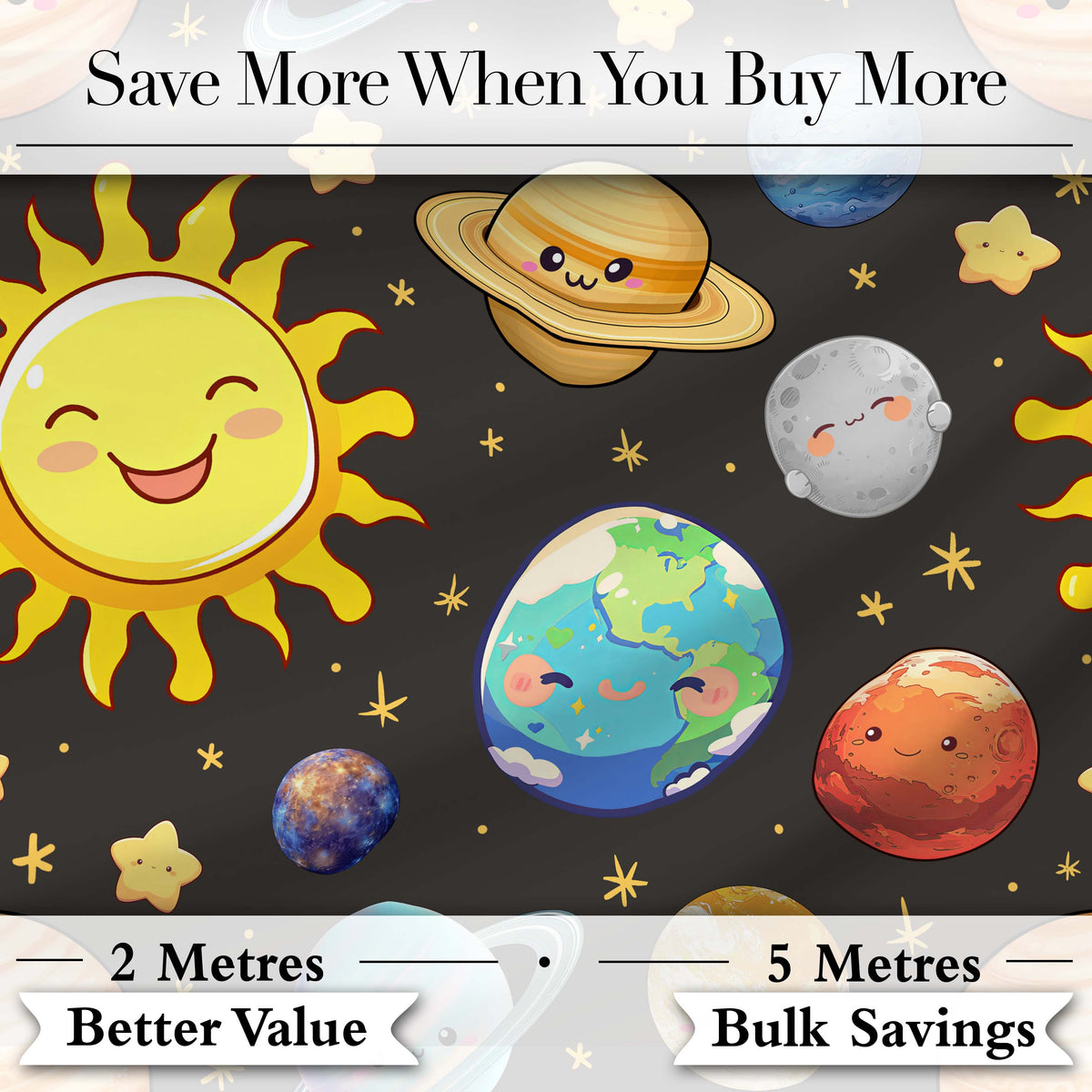 Solar System Sun Earth Planets Seamless  Dark Grey Background Cute Kids Design Digital Print Fabric by the Metre UK Sewing Quilting Textile