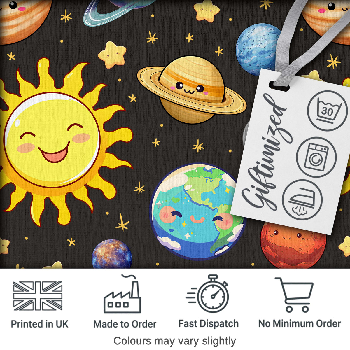 Solar System Sun Earth Planets Seamless  Dark Grey Background Cute Kids Design Digital Print Fabric by the Metre UK Sewing Quilting Textile