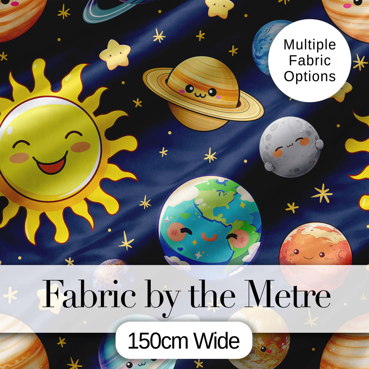 Solar System Sun Earth Planets Seamless  Navy Background Cute Kids Design Digital Print Fabric by the Metre UK Sewing Quilting Textile