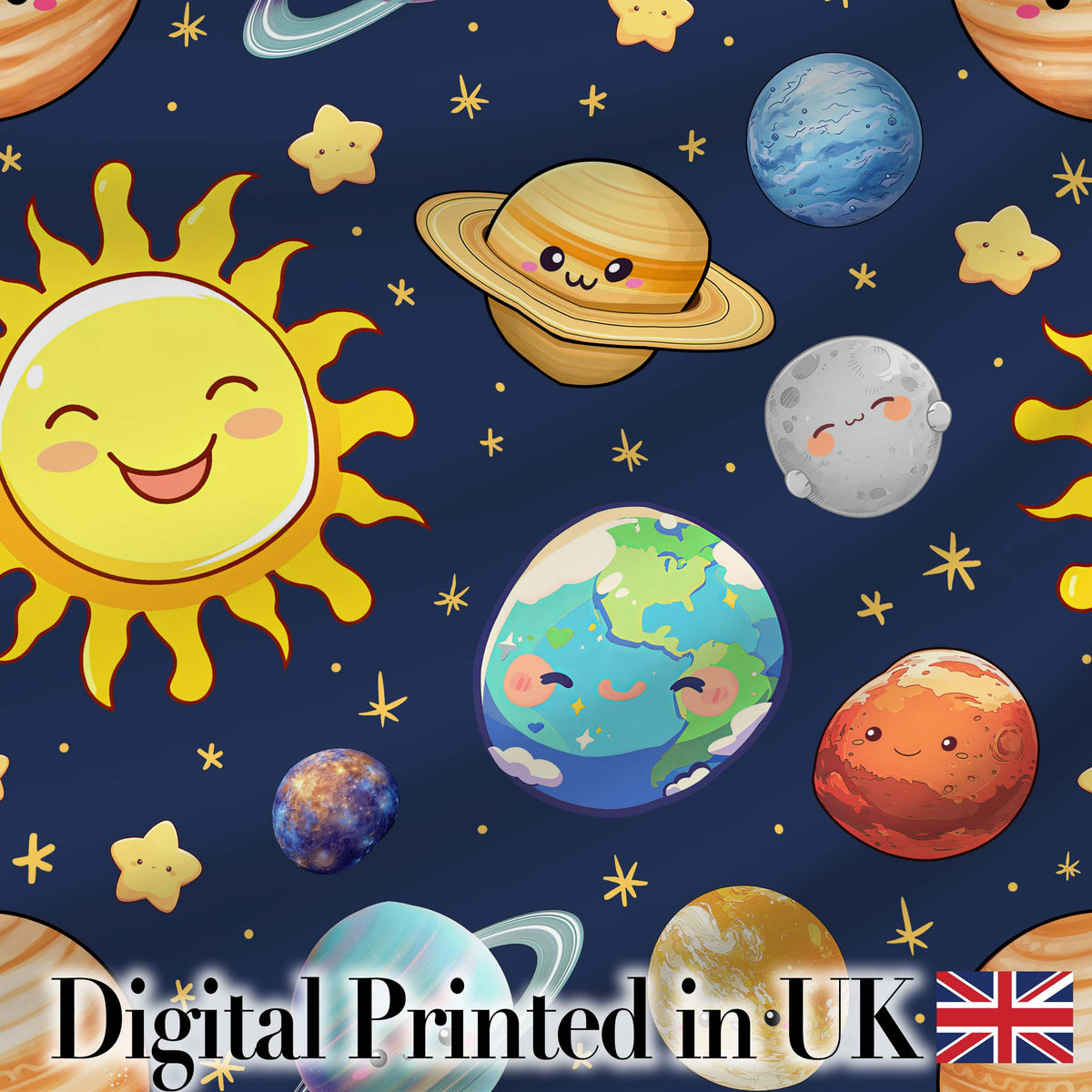 Solar System Sun Earth Planets Seamless  Navy Background Cute Kids Design Digital Print Fabric by the Metre UK Sewing Quilting Textile