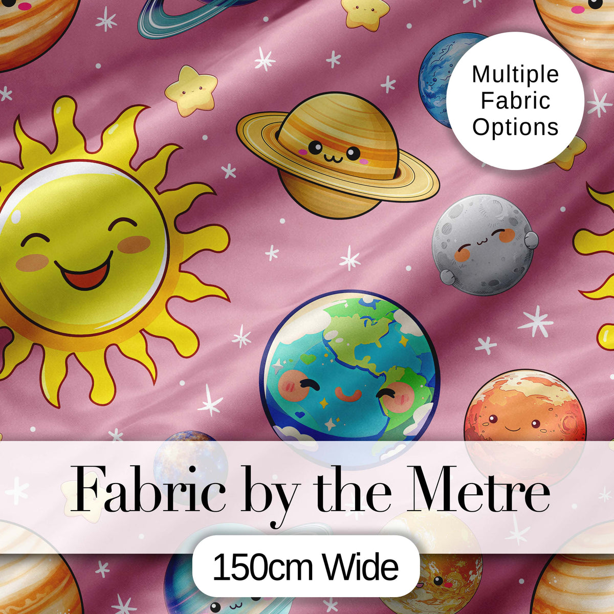 Solar System Planets Smiling Sun Earth Saturn Seamless  Pink Background Digital Print Fabric by the Metre UK Sewing Quilting Textile