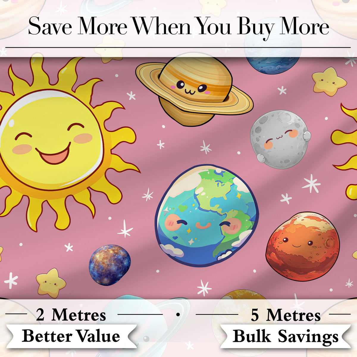 Solar System Planets Smiling Sun Earth Saturn Seamless  Pink Background Digital Print Fabric by the Metre UK Sewing Quilting Textile