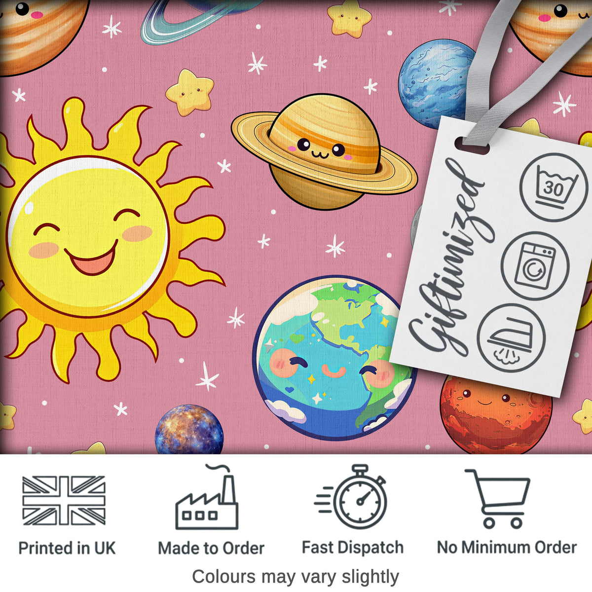 Solar System Planets Smiling Sun Earth Saturn Seamless  Pink Background Digital Print Fabric by the Metre UK Sewing Quilting Textile