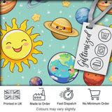 Solar System Planets Smiling Sun Earth Saturn Seamless  Mint Background Digital Print Fabric by the Metre UK Sewing Quilting Textile