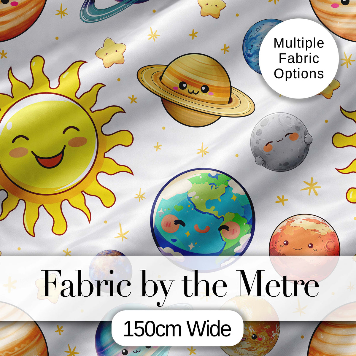 Solar System Planets Smiling Sun Earth Saturn Seamless  White Background Digital Print Fabric by the Metre UK Sewing Quilting Textile